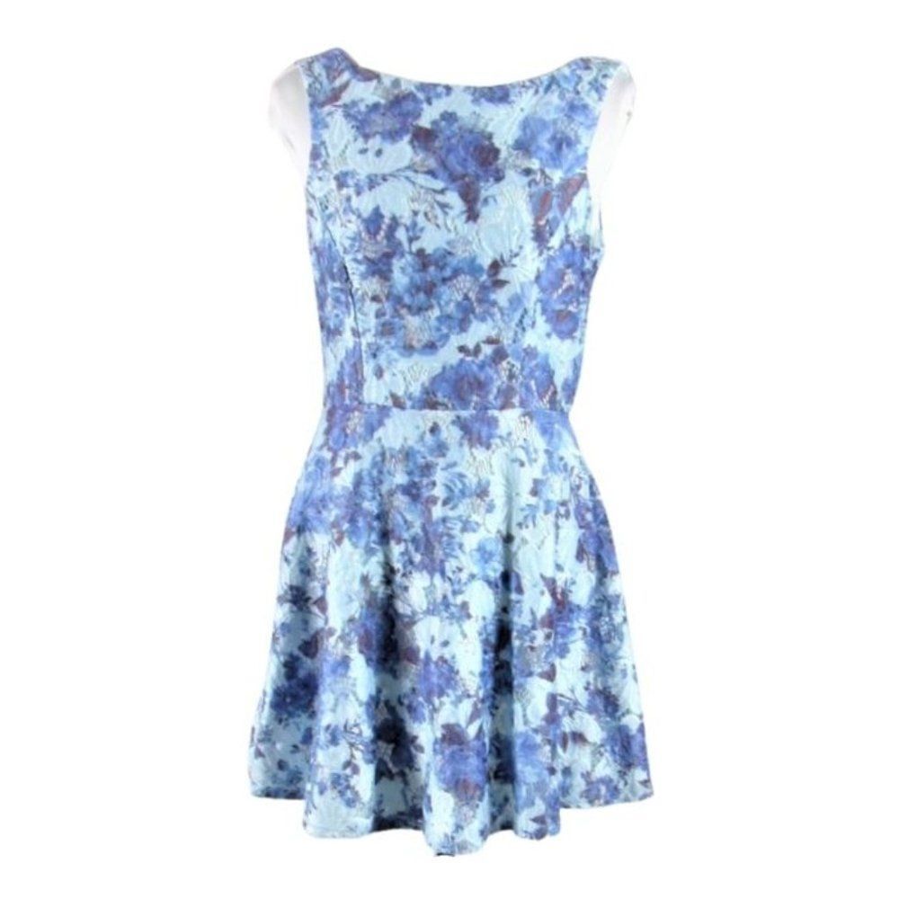 Dress Sleeveless Fit & Flare Above the Knee Lace Overlay Blue Floral Size Large